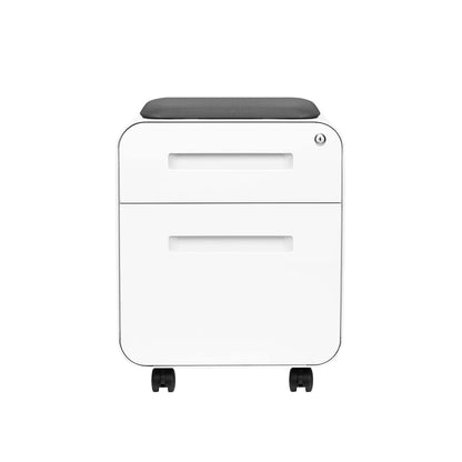 Laura Davidson Furniture STOCKPILE Mini Seated 2 Drawer Mobile File Cabinet with Removable Magnetic Cushion Seat - Short Version, Metal Filing Cabinet, Pre-Assembled, White with Grey Cushion