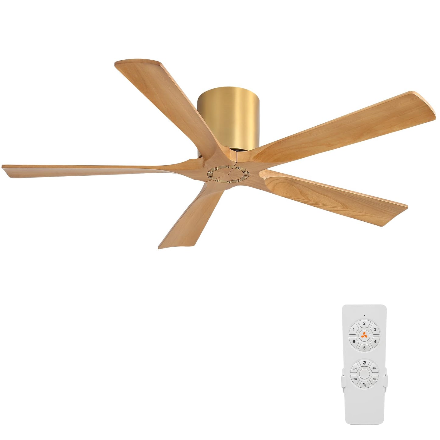 ELEHINSER 52 inch Low Profile Ceiling Fan without Light, 5 Solid Wood Blades, 6-Speeds, Quiet DC Motor, Timer, Flush Mount Modern Ceiling Fan with Remote for Living Room Bedroom, Gold + Beechwood
