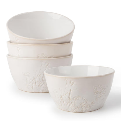 DOWAN 32 OZ Bowls, Soup Bowl Set of 4, Large Ceramic Bowls for Soup, Cereal, Pasta Bowls, Embossed Floral Design, Stackable, Microwave & Dishwasher Safe, for Ramen and Salad
