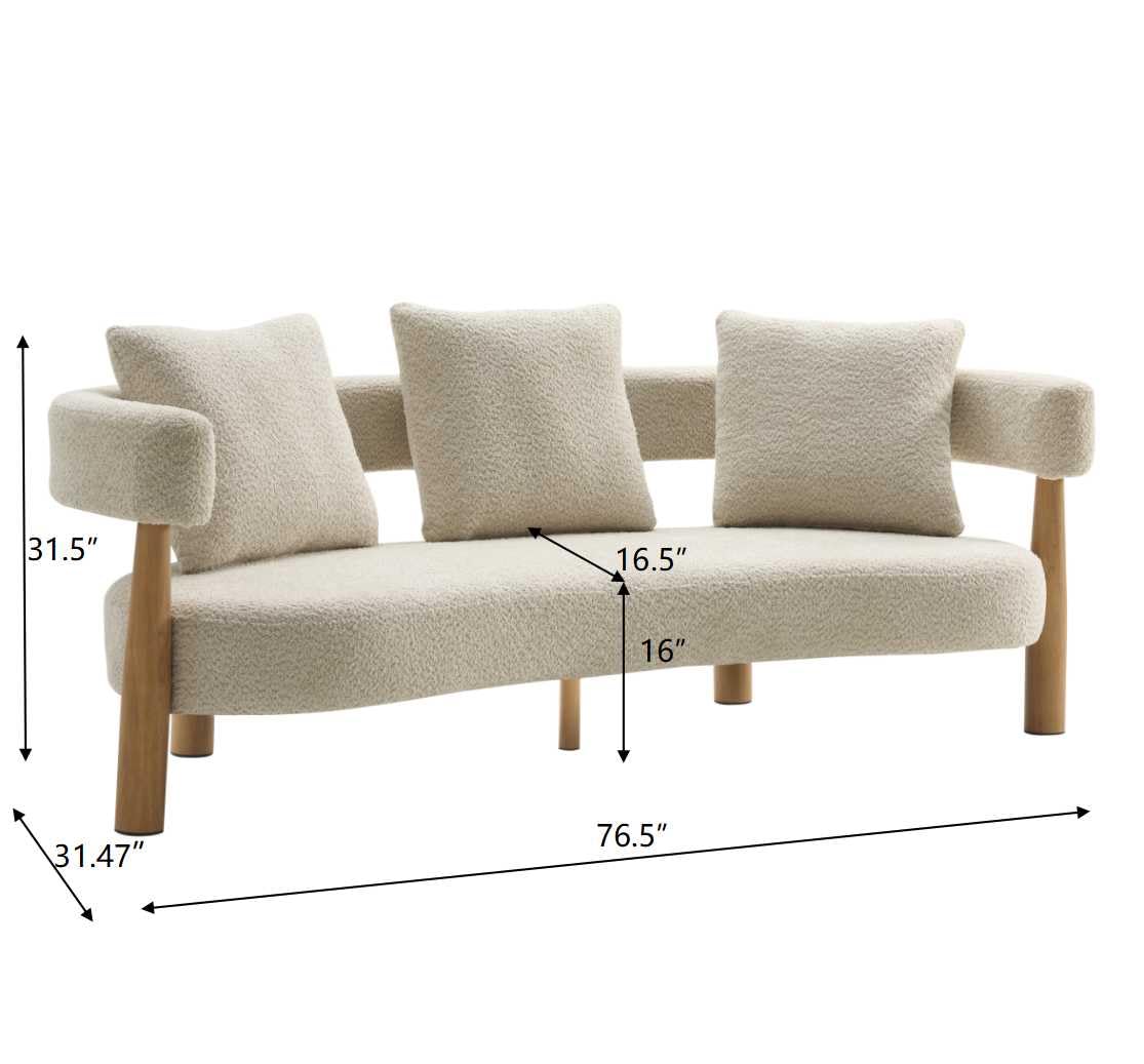 Christopher Knight Home Yulez Curved 3-Seater Sofa Couch with 3 Accent Pillows, Boucle Fabric Upholstered Lounge Seating, 76.5'' Home Office Bedroom Sofa Chair, Comfy Wooden Frame Sofa, Sesame Beige