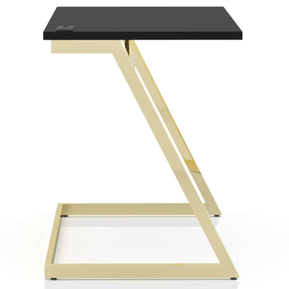 24/7 Shop at Home Ruthetta Modern Metal Writing Desk with USB Port, Power Outlet for Workstation, Home Office, Study Room, Glossy Black and Brass