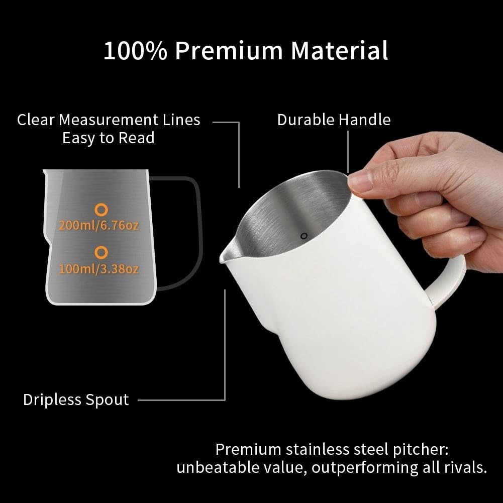 watchget Milk Frothing Pitcher 250ml/8oz Stainless Steel Espresso Steaming Pitcher Milk Coffee Cappuccino Latte Art Barista Steam Pitcher Milk Frothing Jug, White