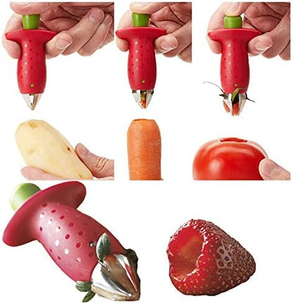 Strawberry Huller Stem Remover and Slicer Set, Stainless Steel Blade Kitchen Tools for Potatoes Pineapples Carrots