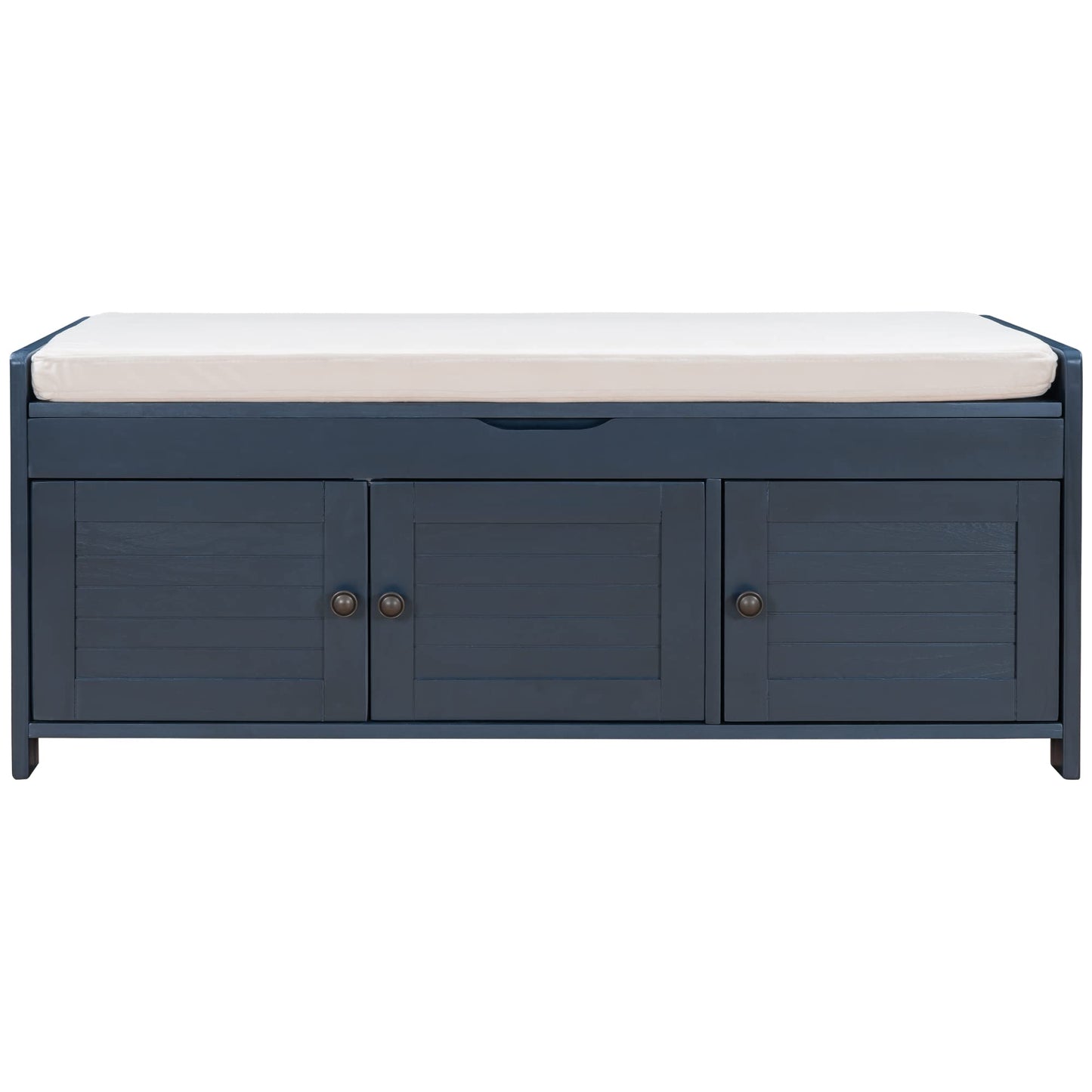 GDFStudio Jasd Storage Bench with 3 Shutter-Shaped Doors, Shoe Bench with Removable Cushion and Hidden Storage Space, Large Organizer Space, Wooden Foot Rest for Living Room Entryway, Antique Navy