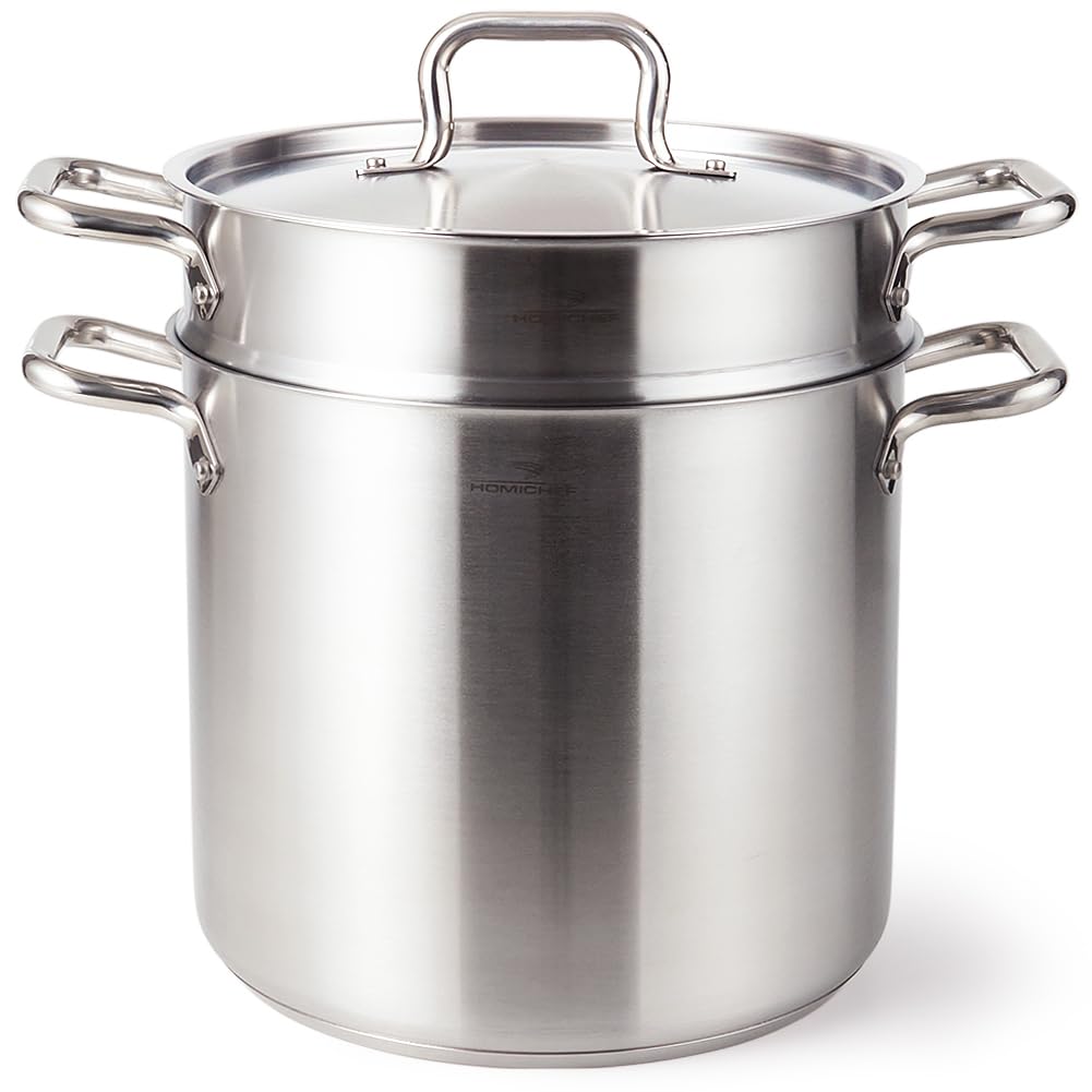 HOMICHEF 13 Quart Nickel Free Stainless Steel Pasta Pot With Strainer and Lid - Commercial Grade Stainless Steel Veggie Steam Baskets - Matte Polished 13 Quart Induction Steamer Pots Strainer Set