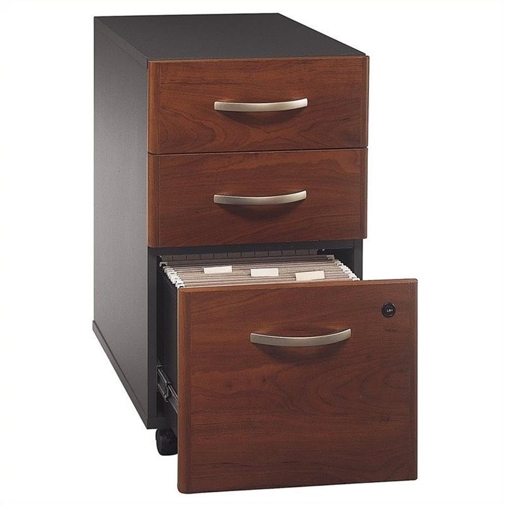 Scranton & Co 3-Drawer Mobile Pedestal Filing Cabinet, Hansen Cherry Finish, Locking Bottom Drawers, Ball-Bearing Slides, Fits Under Desk Shell, Office Storage Solution for Legal and Letter Files