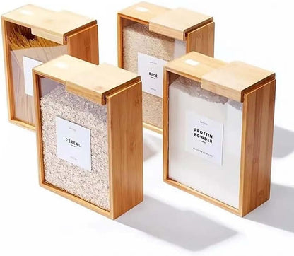 Pniotra Cereal Containers Storage Dispenser for Panty, Kitchen Organization Bamboo Food Storage Container with Lables for Rice, Snack, Tea, Dry Food, Pasta (1 Pack)