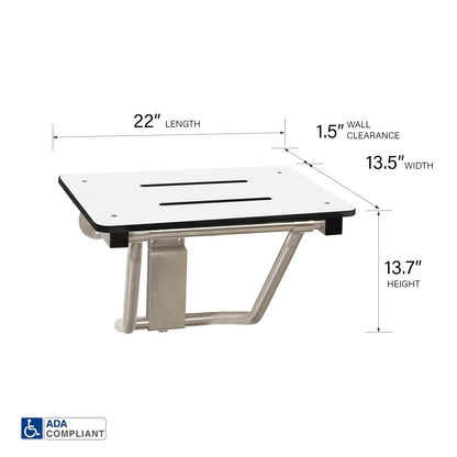 Seachrome Lift-Assist Shower Seat, Yoke-Style Bench, Wall Mount, 22" x 15", Solid White Phenolic