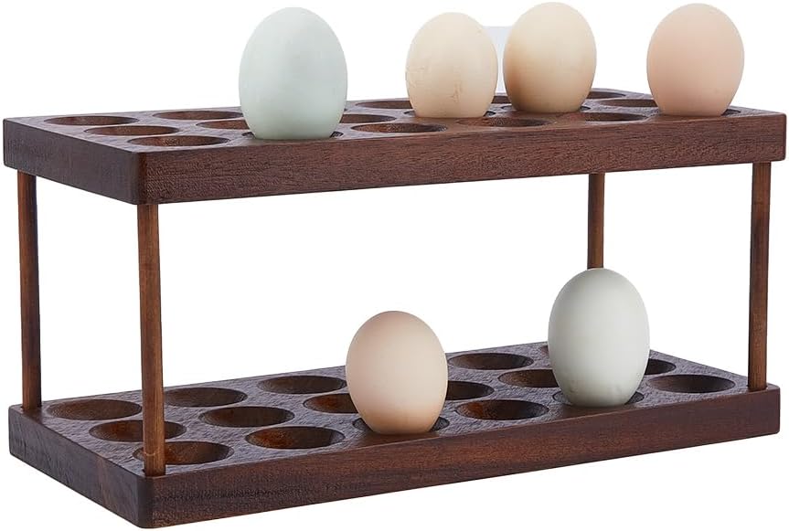 SUPERFINDINGS Wooden Egg Container Rack - 2 Tier Egg Storage Display Rack, Holds Egg Container, Countertop Organizer