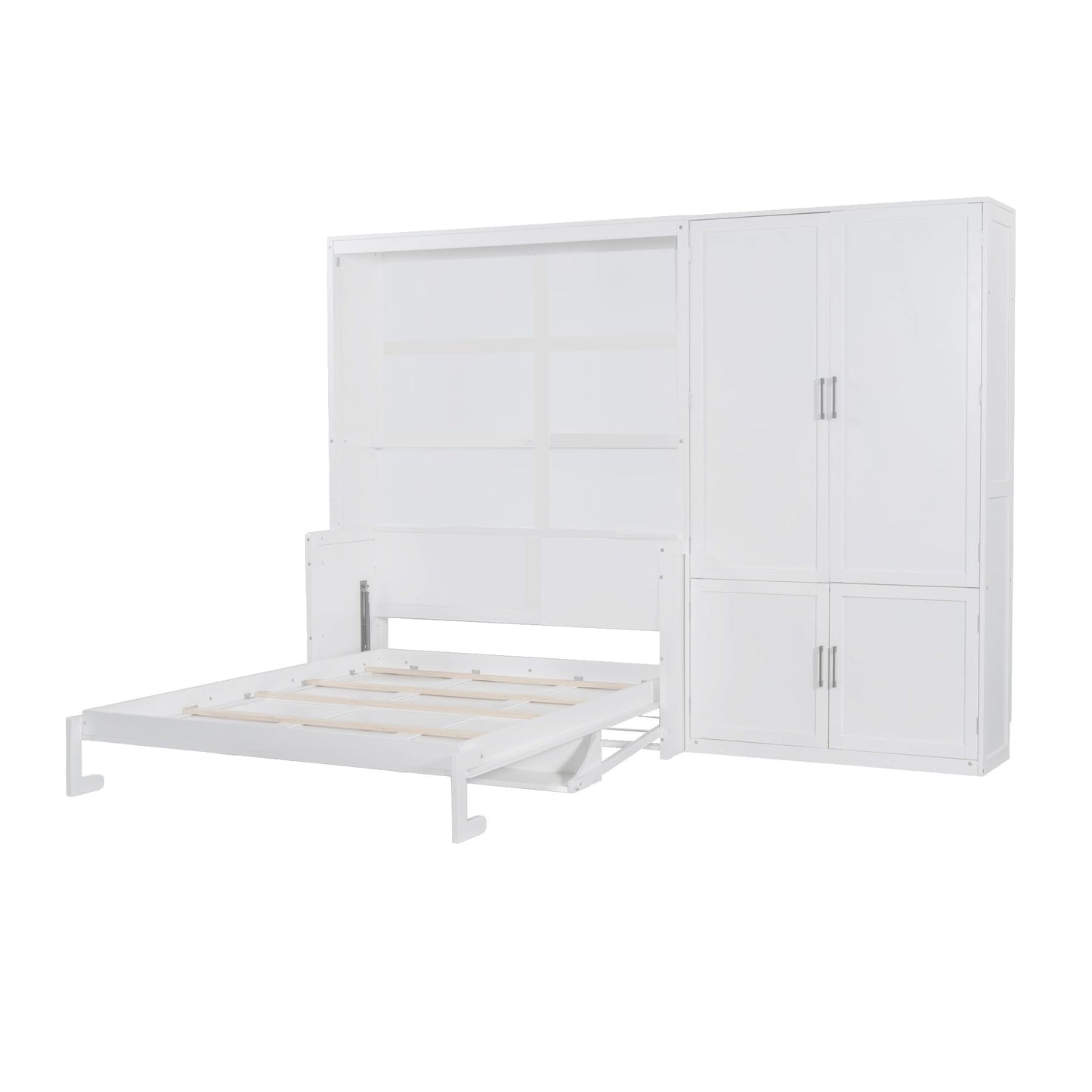 Ball & Cast Queen Size Murphy Bed Wall Bed with Built-in Wardrobe Storage and Hydraulic Lift System,Wood Hideaway Cabinet Platform Bedframe w/Slat Support,can be Folded,for Small Room,Dorms,White