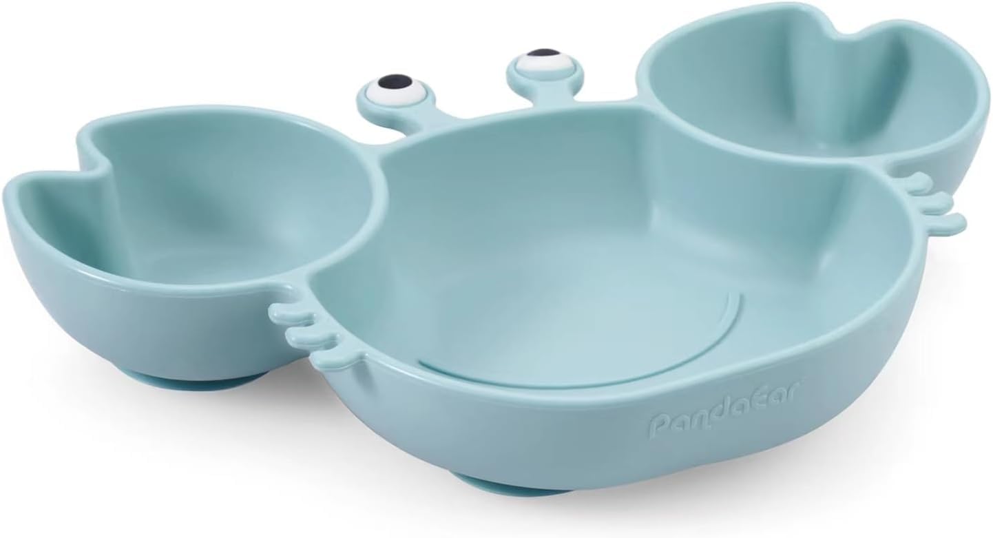 PandaEar 2 Pack Silicone Suction Plate for Baby, Divided Unbreakable Toddler Food Plate with 2 Pack Spoons for Self Feeding, Toddler Utensils Feeding Set Baby Eating Supplies, Crab Shape -Blue&Green