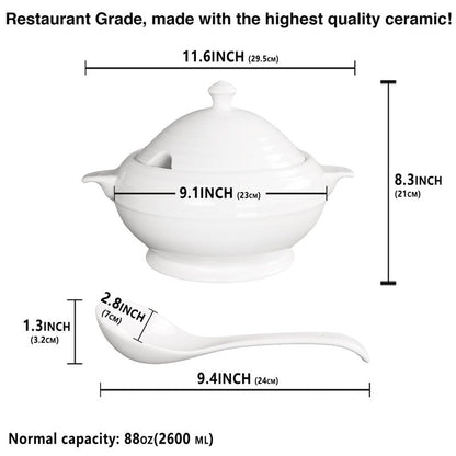Creativity Home Casserole Dish with Serving Handles, 2.7 Qt soup Tureen With Lid and a 9.4-inch Spoon, for Dinner and Party Microwave Safe 11.6 Inch