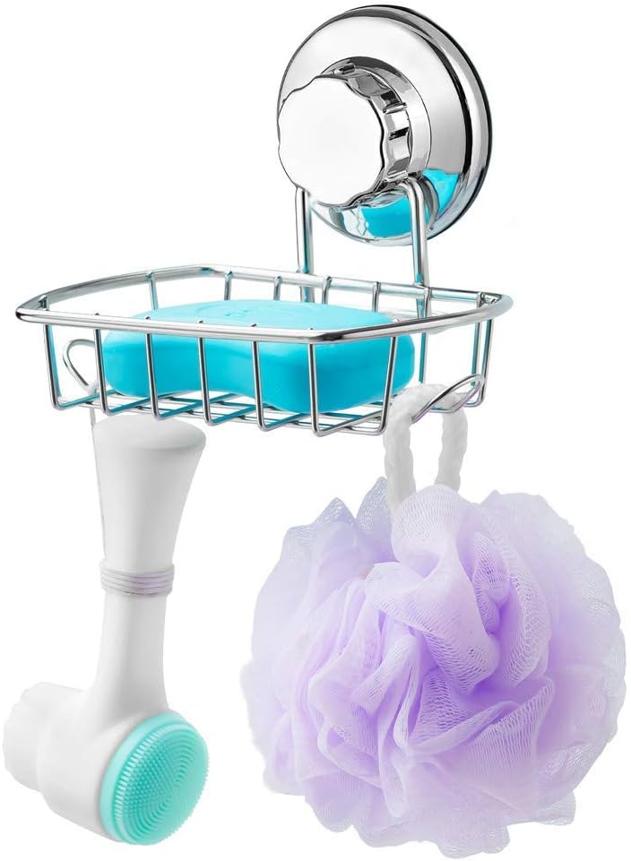 SANNO Suction Soap Dish with Hooks | Soap Holder Saver Tray for Shower, Bathroom, Tub, Kitchen Sink