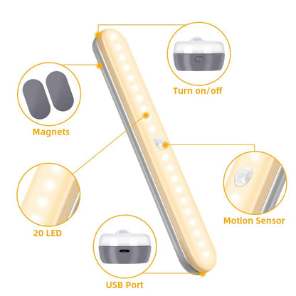 OUSFOT Cabinet Lighting 4 Pieces 20 LEDs Wireless Under Cabinet Light with Motion Sensor USB Rechargeable Battery Wardrobe Lighting Warm White Stick on for Cabinets, Stairs, Kitchen