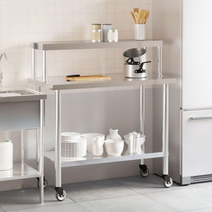 Stainless Steel Kitchen Work Table with Overshelf and Wheels, 43.3 x 21.7 Inch Commercial Prep Station for Restaurant, Home, Garage, Utility Cart