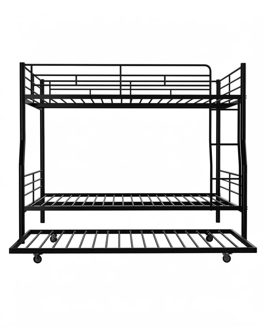Miscoos Full XL Over Queen Bunk Bed with Trundle, Heavy-Duty Queen Bunk Bed with with Safety Ladder and Full-Length Guardrail, Convertible to 3 Beds for Teens and Adults, Black