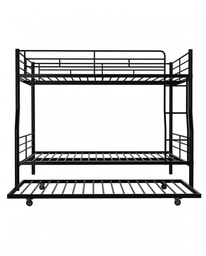 Miscoos Full XL Over Queen Bunk Bed with Trundle, Heavy-Duty Queen Bunk Bed with with Safety Ladder and Full-Length Guardrail, Convertible to 3 Beds for Teens and Adults, Black