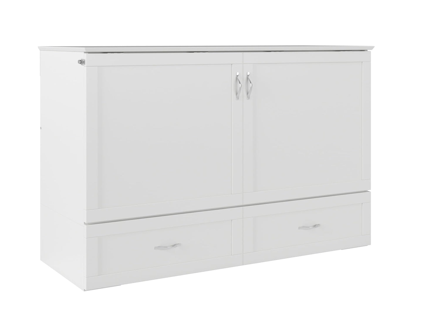 Modern Queen Size Murphy Bed Chest with Mattress, Storage, and Built-in Charger in White