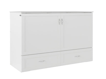 Modern Queen Size Murphy Bed Chest with Mattress, Storage, and Built-in Charger in White