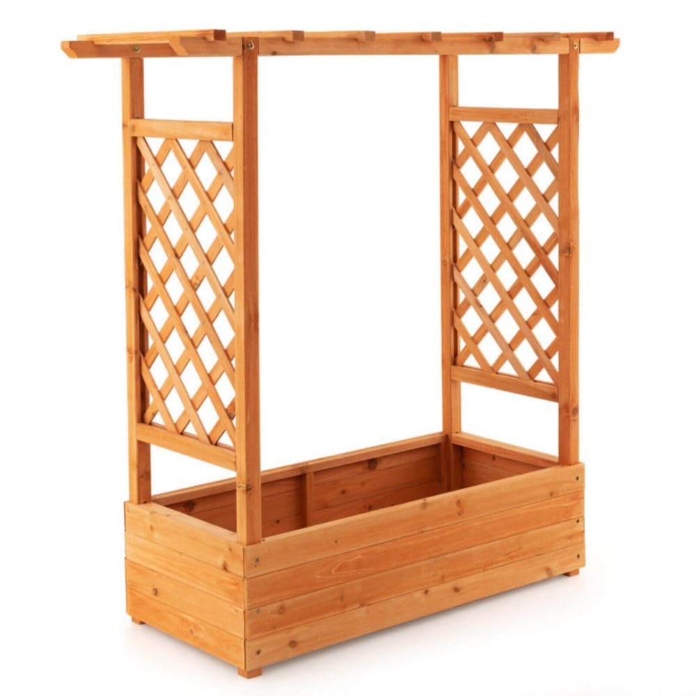 Wooden Raised Garden Bed Planter, Outdoor Planter Box with Trellis, Cedar Garden Planter with Climbing Frame, Patio Vertical Plant Growing Bed, Decorative Outdoor Plant Support Box