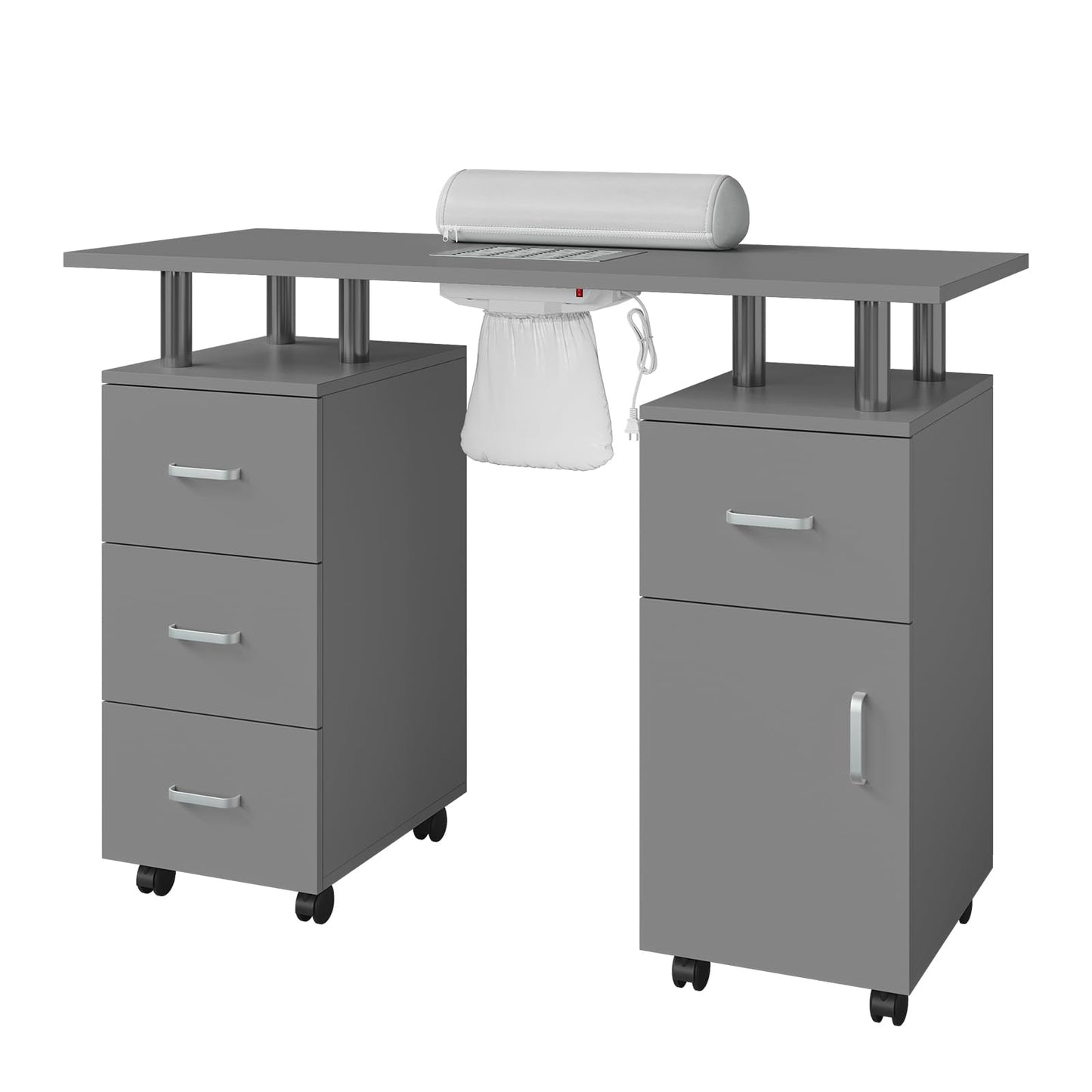 GAOMON Manicure Table with Dust Collector and Hand Rest for Makeup Beauty Spa Salon Station - Nail Desk for Nail Tech with Storage Cabinets Arm Rest, 4 Drawers and Lockable Wheels