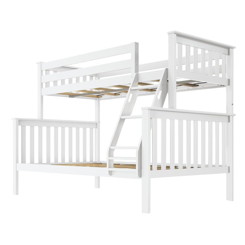 Max & Lily Bunk Bed Twin Over Full Size with Ladder, Solid Wood Platform Bed Frame with Ladder for Kids, 14" Safety Guardrails, Easy Assembly, No Box Spring Needed, White