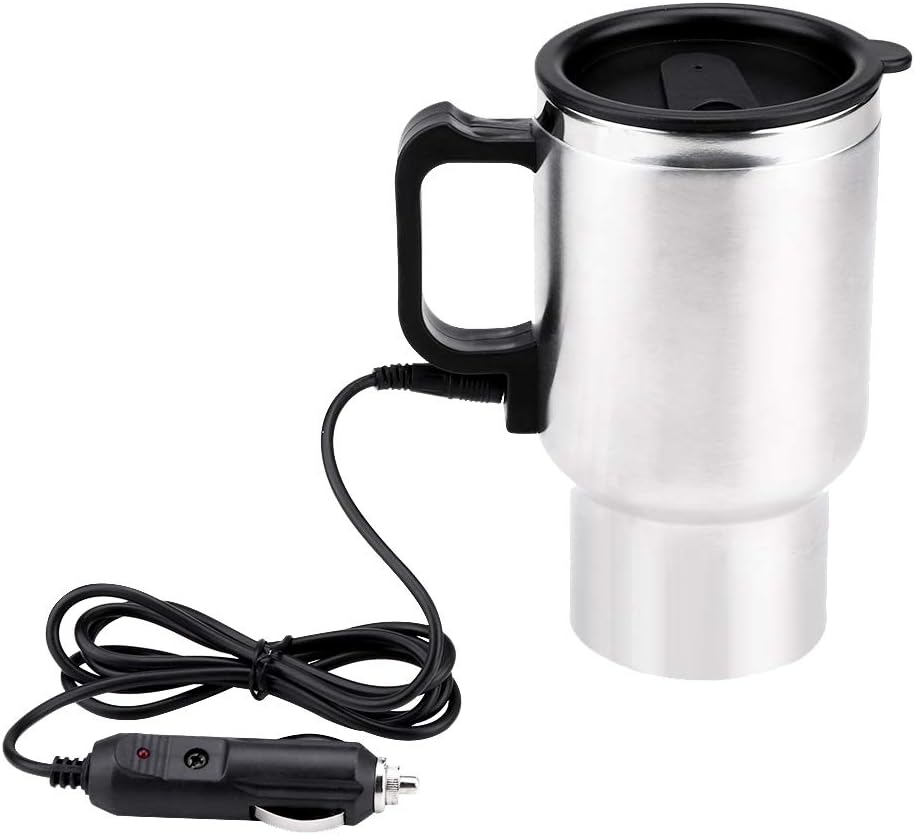 Keenso 12V Electric Car Cup Travel Heating Cup, 450ml Stainless Steel Electric Kettle Coffee Mug Heater