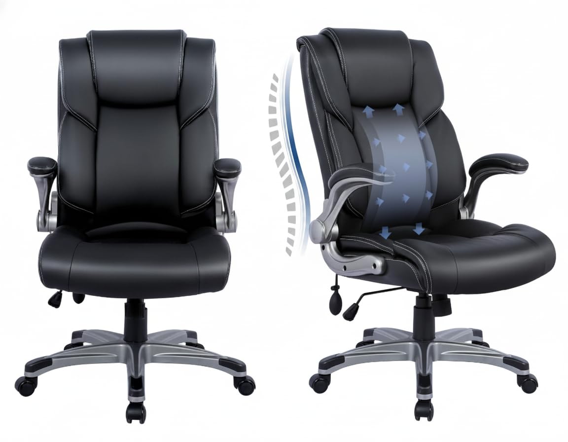 COLAMY Leather Executive Office Chair- High Back Home Computer Desk Chair with Padded Flip-up Arms, Adjustable Tilt Lock, Swivel Rolling Ergonomic Chair for Adult Working Study-Black, Set of 2