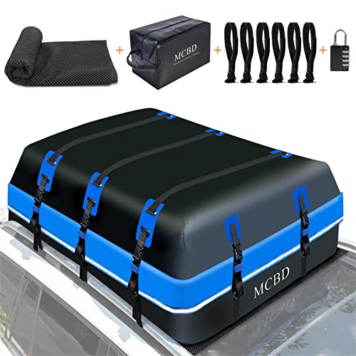 Rooftop Cargo Carrier Bag, 15 Cubic Feet Soft-Shell Waterproof Car Roof Luggage Bag for All Vehicles SUV with/Without Rails, Includes 10 Reinforced Straps + 4 Door Hooks,Storage Bag,Anti-Slip Mat,Blue