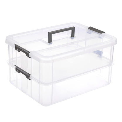 JUXYES 2-Tiers Stack Carry Storage Box With Handle, Transparent Stackable Storage Bin With Handle Lid Latching Storage Container for School & Office Supplies