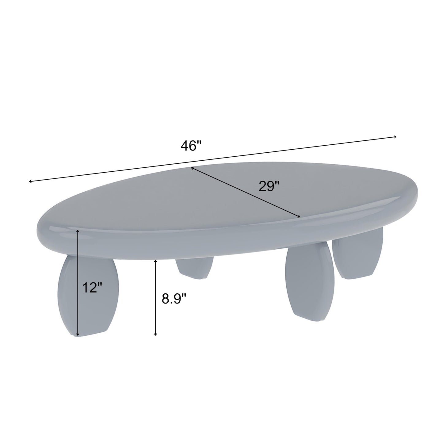 46" Modern Cobblestone Coffee Table, High Gloss Gray Oval Top with Sculptural Pebble Legs, Engineered Wood Construction, Contemporary Centerpiece for Living Rooms, Minimalist Home Interiors, Gray