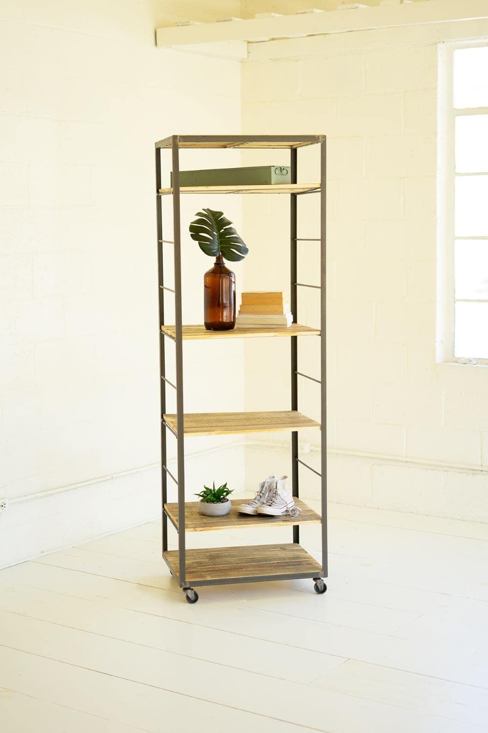 KALALOU CQ7564 Tall Shelving Unit with Adjustable Recycled Wood Shelves
