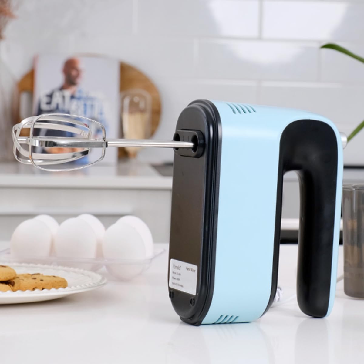 Yomelo 9-Speed Digital Hand Mixer Electric, 400W Powerful DC Motor, Hand Mixer Electric Handheld with Snap-On Storage Case, 5 Stainless Steel Accessories, Beaters, Dough Hooks, Whisk(Ice Blue/Black)