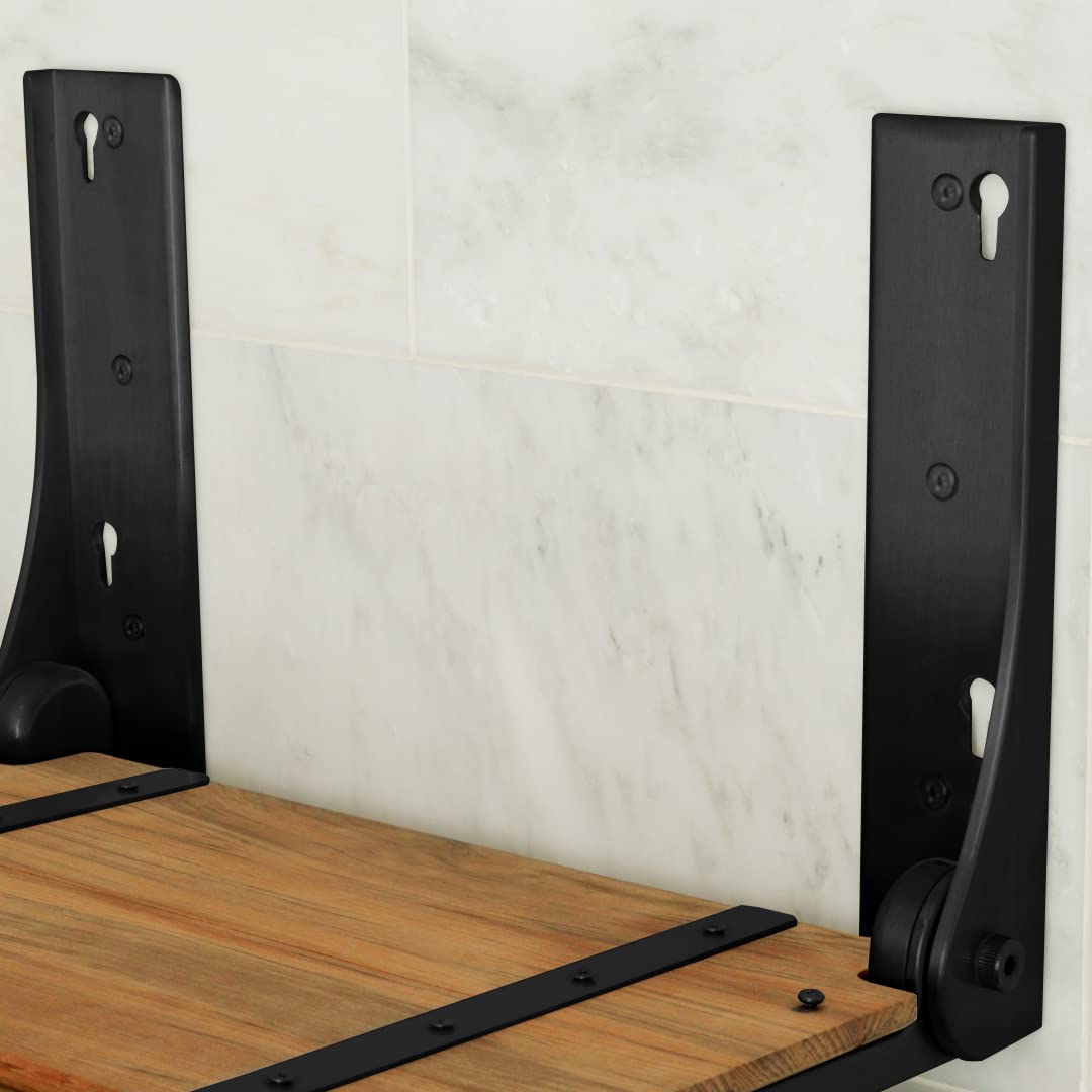 Seachrome Silhouette Natural Teak Wood Wall Mount Folding Shower Seat Bench with Matte Black Frame