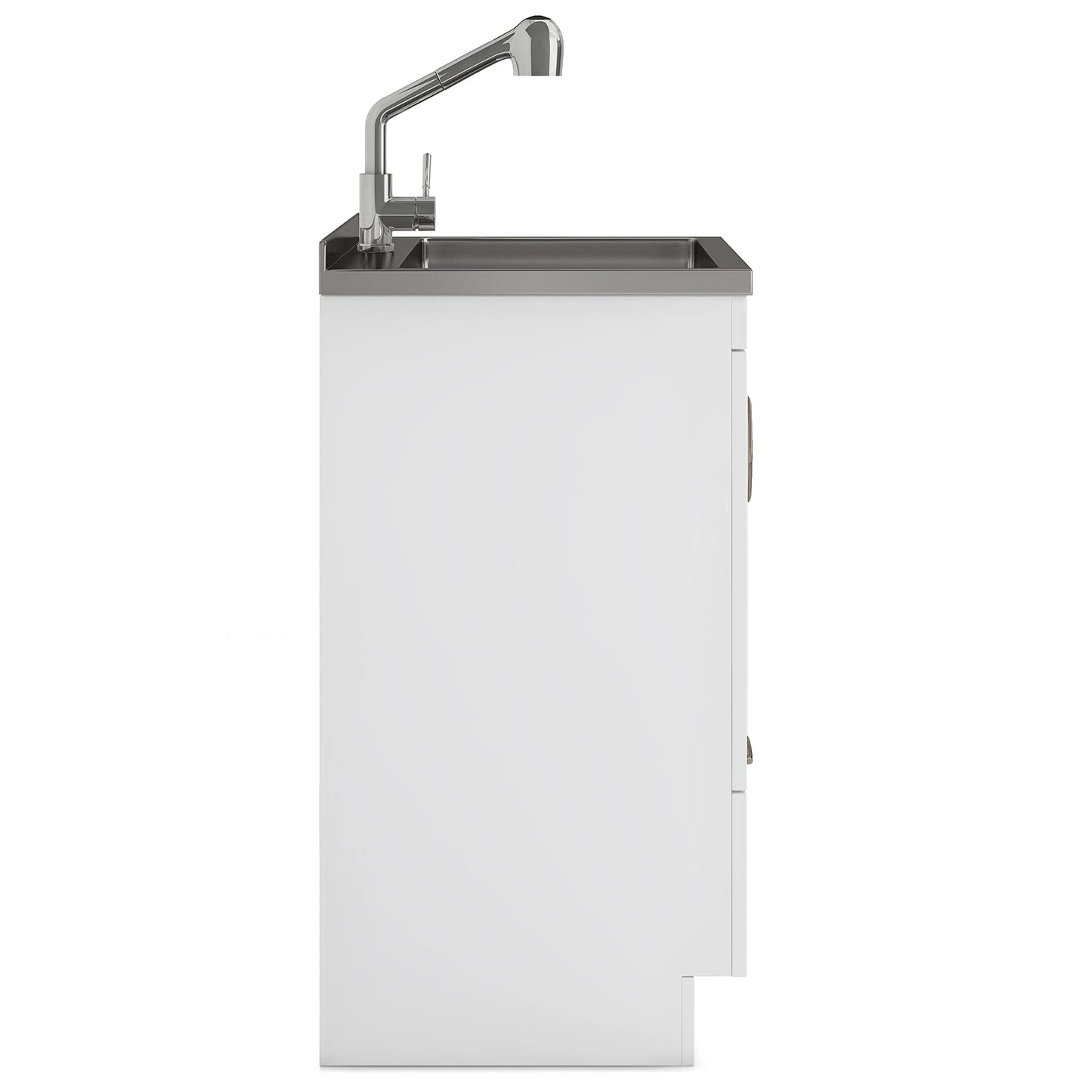 SIMPLIHOME Cardinal All-in-One 28 inch Wide Utility Sink and Laundry Cabinet in Pure White Finish, Transitional Stainless Steel Sink Cabinet for Laundry Rooms with Pull-Out Brushed Nickel Faucet