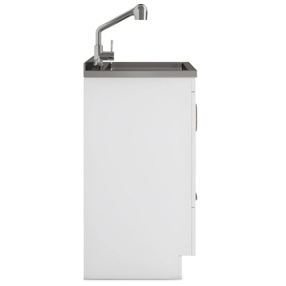 SIMPLIHOME Cardinal All-in-One 28 inch Wide Utility Sink and Laundry Cabinet in Pure White Finish, Transitional Stainless Steel Sink Cabinet for Laundry Rooms with Pull-Out Brushed Nickel Faucet
