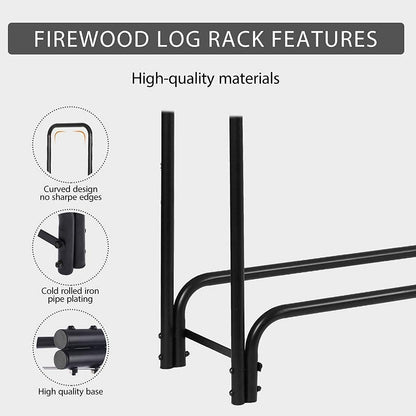 VIVOHOME 8ft Heavy Duty Indoor Outdoor Firewood Storage Log Rack with Cover Combo, Black, 1.2mm Steel Tube