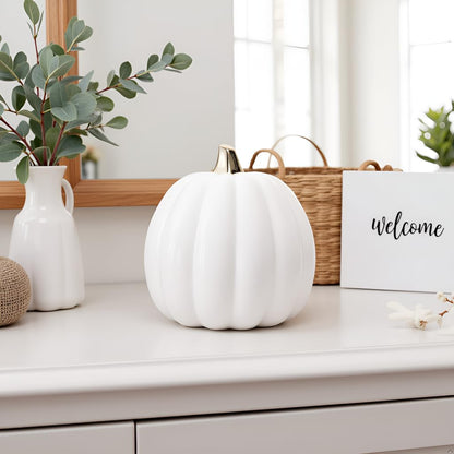 Pearhead Ceramic Pumpkin Fall Decor with Gold Stem, White