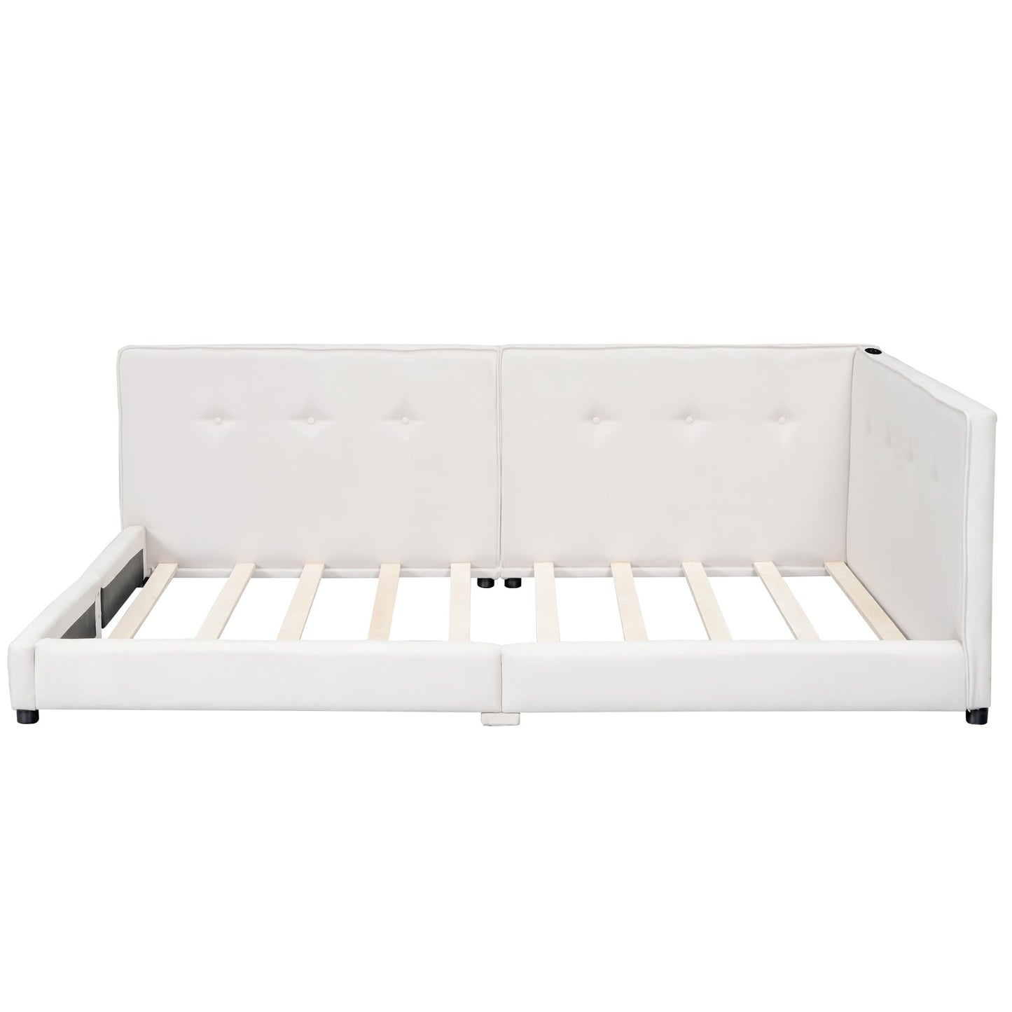 Merax Queen Size Modern Upholstered Platform Bed with USB Ports, Floor Daybed with Wood Slat Support/Queen,Beige