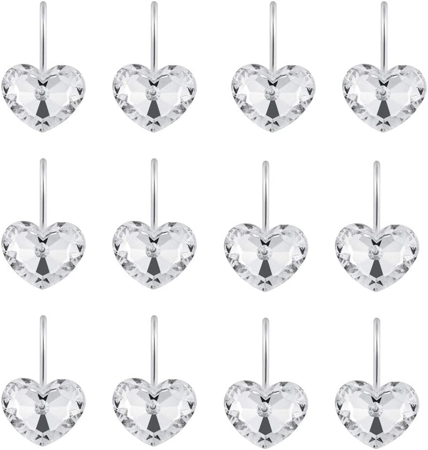 Actpe Decorative Crystal Heart Shape Shower Curtain Hooks, Pack of 12 Rust Resistant Bling Holders