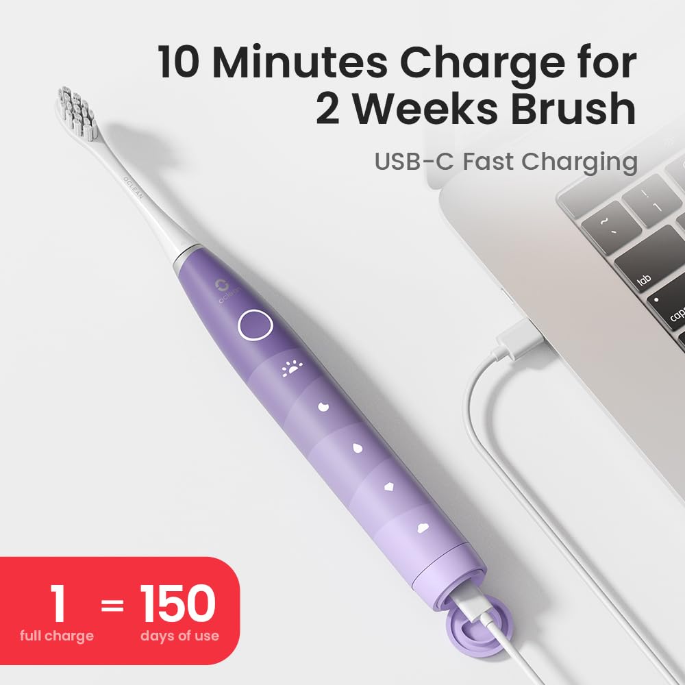 Oclean Electric Toothbrush for Adults, 150 Days Battery Life Electric Toothbrush, USB Rechargeable Sonic Travel Toothbrush with 6 Brush Heads & Travel Case, 5 Modes and Smart Timer, Purple