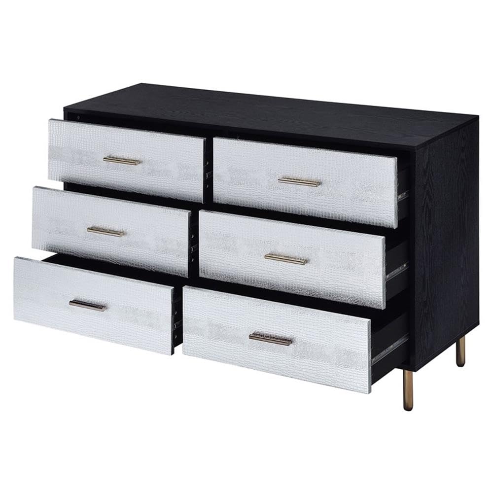 Acme Furniture 6 Drawers Wooden Dresser, Black, Silver and Gold