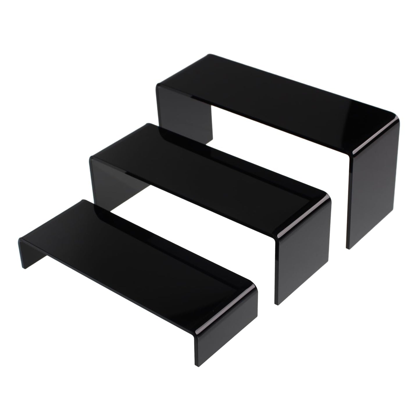 KOSKWKREO 3 Pack Black Acrylic Display Risers, Tiered Display Stand Set in 3 Sizes for Perfume, Cosmetics, Cupcakes, Figures, Toy Cars, Collectibles and Small Decor