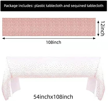FGSAEOR Rose Gold Tablecloth, 12x108inch Sequins Table Runners and 54x108inch Plastic Table Cloths for Christmas