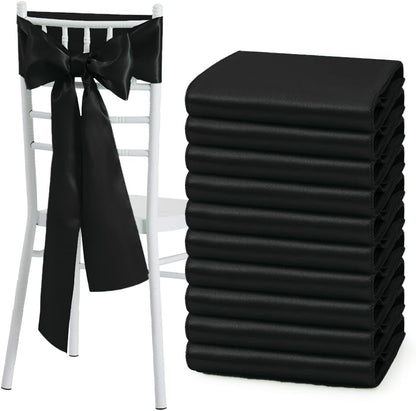 Skiennix Black Satin Chair Sashes - Elegant Bows for Weddings & Events | 6 x 108 Inch