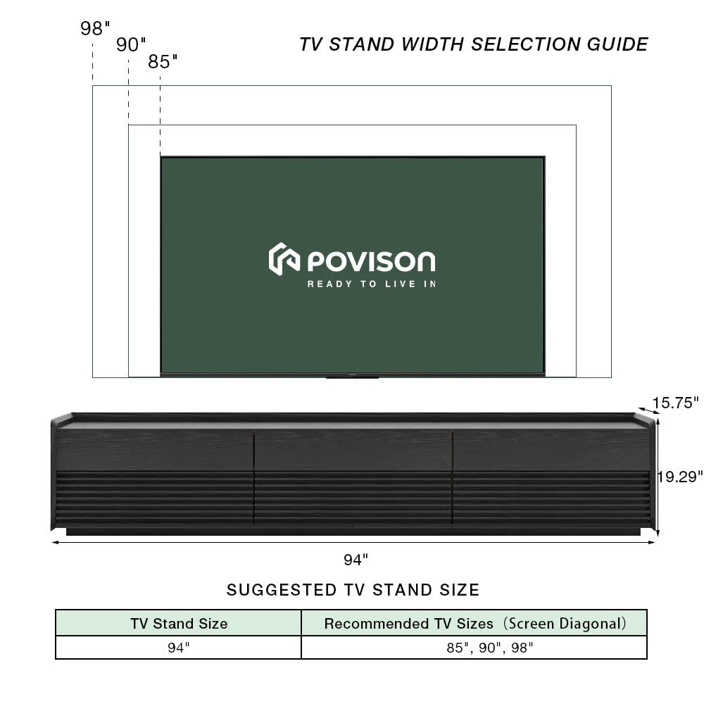 POVISON Fully-Assembled Mid Century Modern TV Stand, 94.49" Wood Media Console with Adjustable LED Light, Entertainment Center with Storage for Living Room