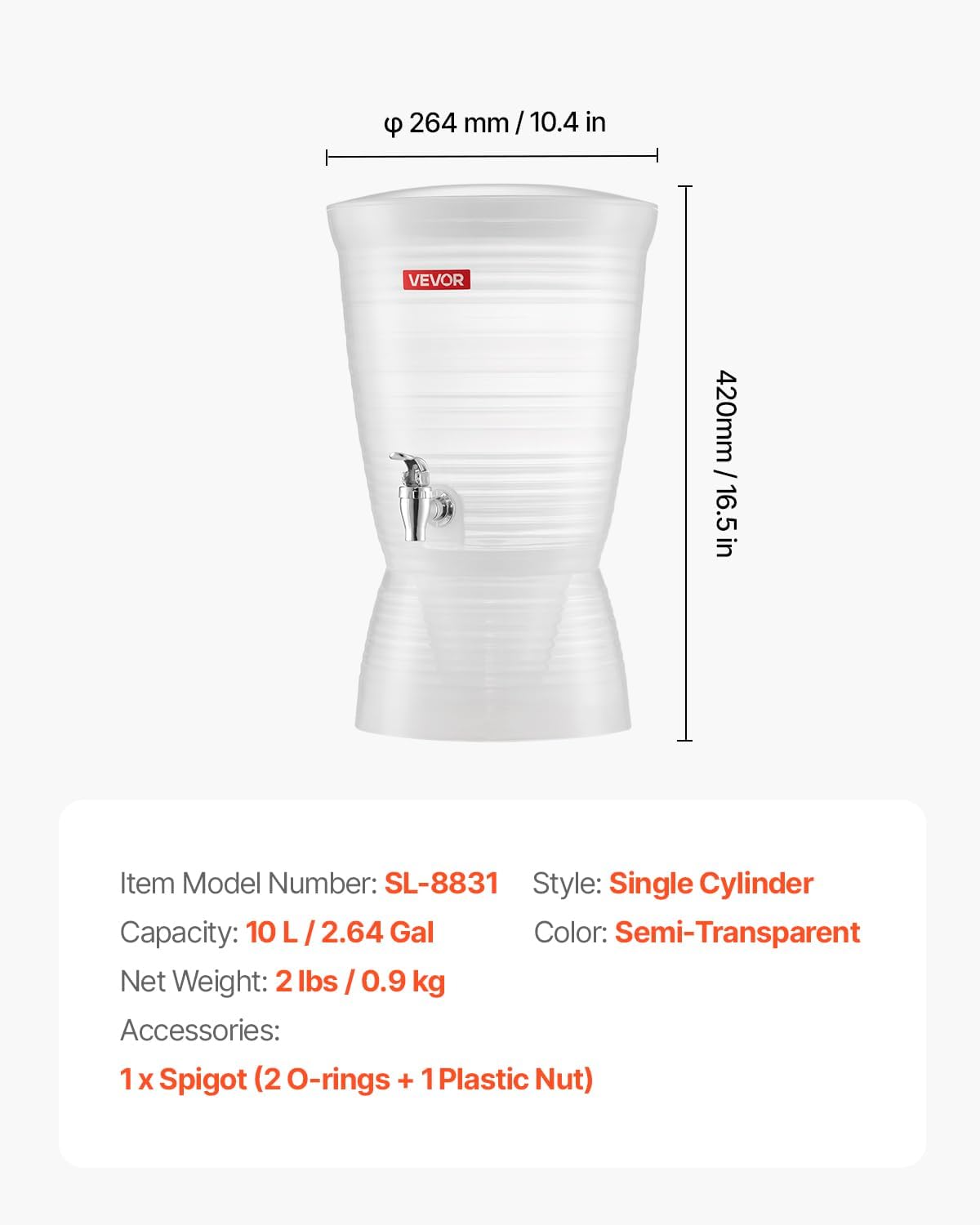 2.64 VEVOR Beverage Dispenser, Gallon Drink Dispenser for Parties, Plastic Juice Dispensers with Spigot Ice Chamber