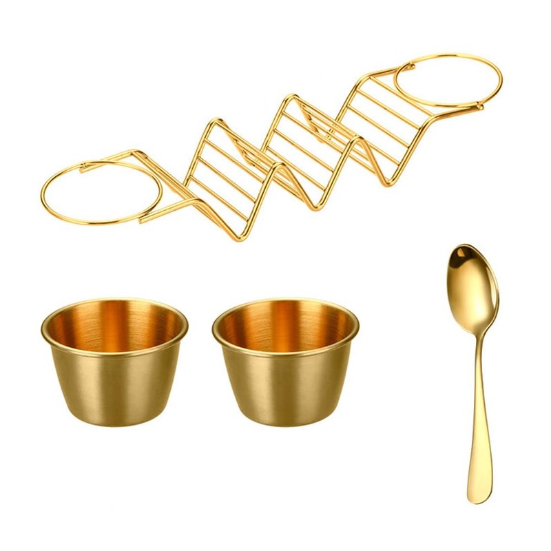 Digead Taco Holder Stand - Holds 3 Tacos with 2 Sauce Cups & Gold Spoon - Premium 304 Stainless Steel Gold-Plated - Heat Resistant & Oven/Dishwasher/Grill Safe