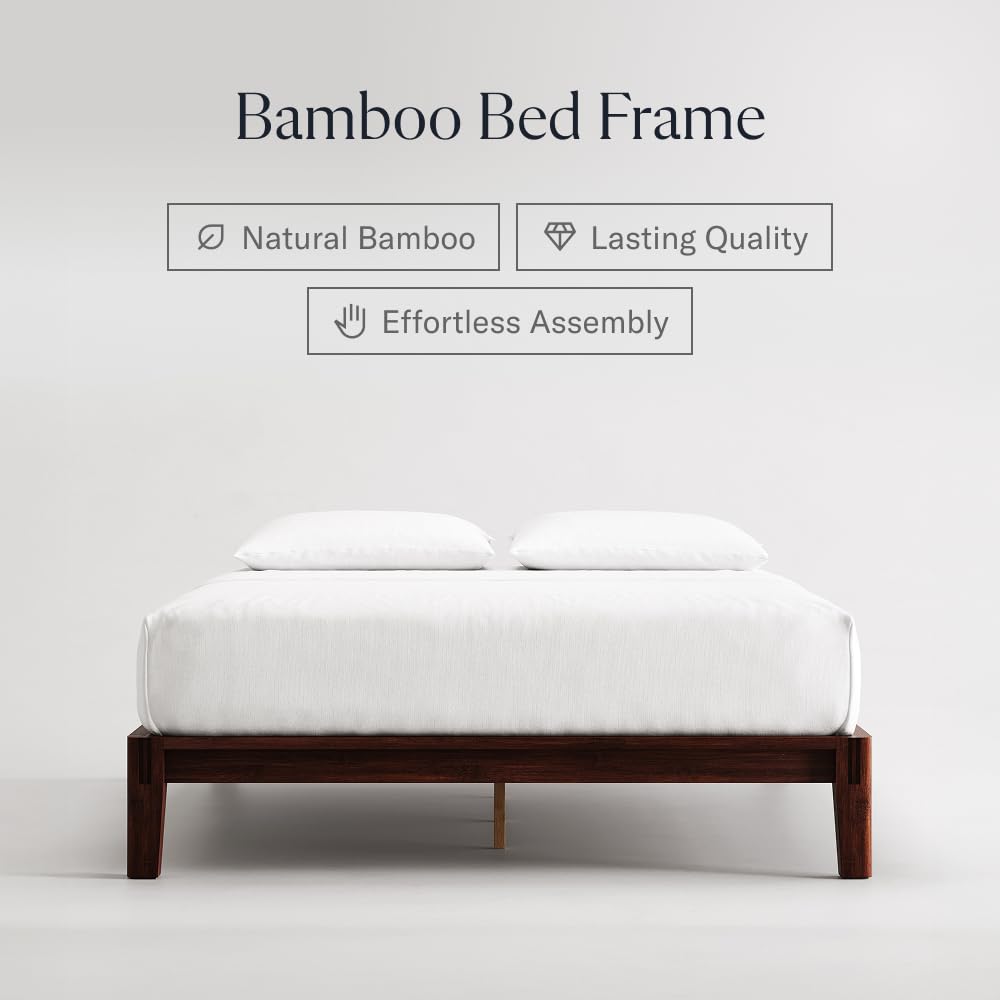 DreamCloud Bamboo Platform Bed Frame - Queen - Walnut - Floating Center Support Legs - 12” Height - Easy Tool Free Set Up - Contemporary - Sturdy Wooden Support Slats - Holds Up to 800 Pounds