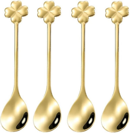 10 pcs Gold Four-Leaf Clover Stainless Steel Spoon Set, Unique Design for Coffee, Tea, Desserts, 4.7 inch